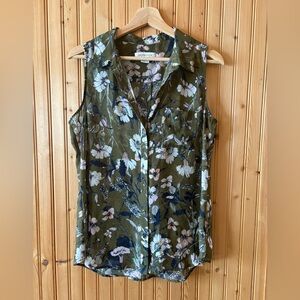 Sheer Button-Up Floral Collared Sleeveless Blouse